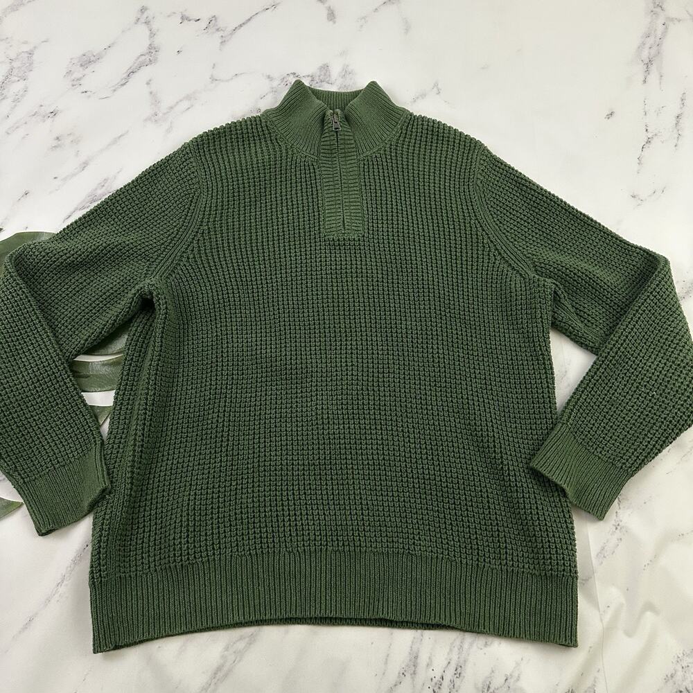 LL Bean Mens Waffle Knit Chunky Sweater Size L Green Organic Cotton 1/4 Zip